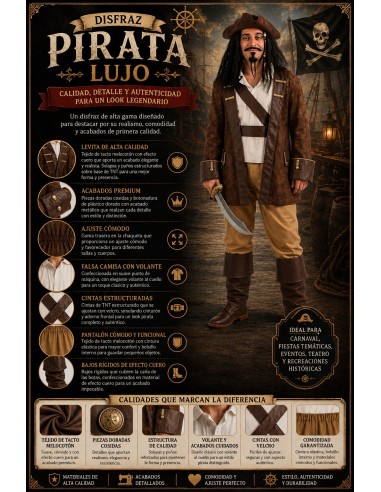 Fato de Pirata de Luxo Tamanho L | Disfarces para Adultos O Rei do Carnaval